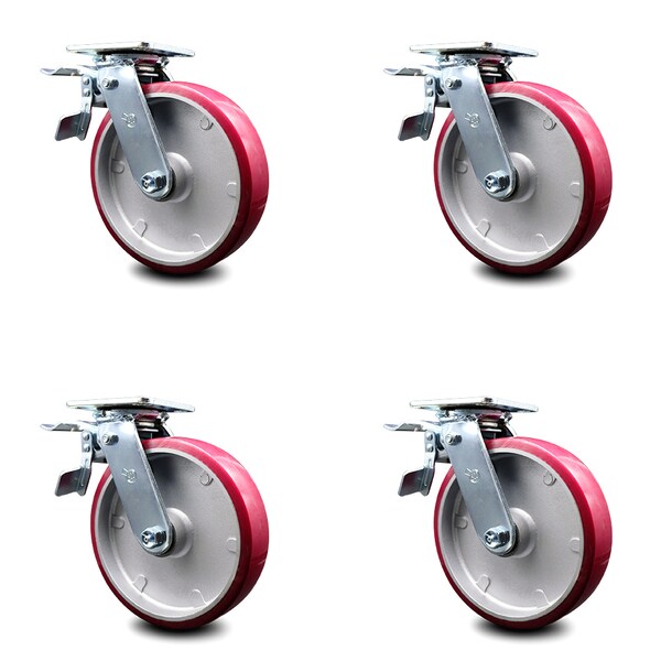 8 Inch Poly on Aluminum Caster Set with Ball Bearings and Total Lock Brakes SCC